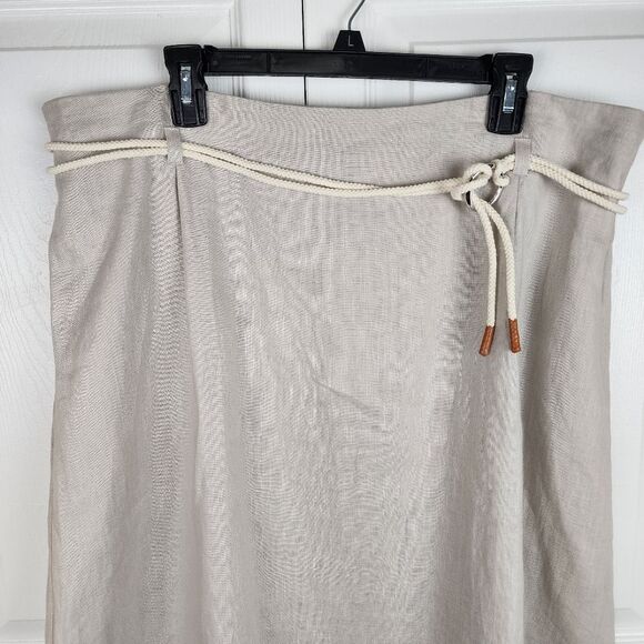 Ulla Popken 100% Linen Midi Skirt Elastic Waist Tie Rope Beige Sz 18 - Picture 7 of 13